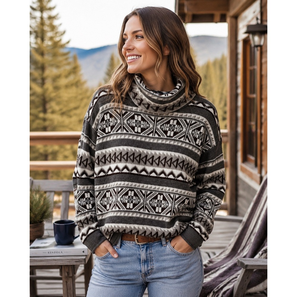 Lauren Active Ralph Lauren Women Fair Isle Cowl Neck Sweater Gray XS Cozy Nordic
